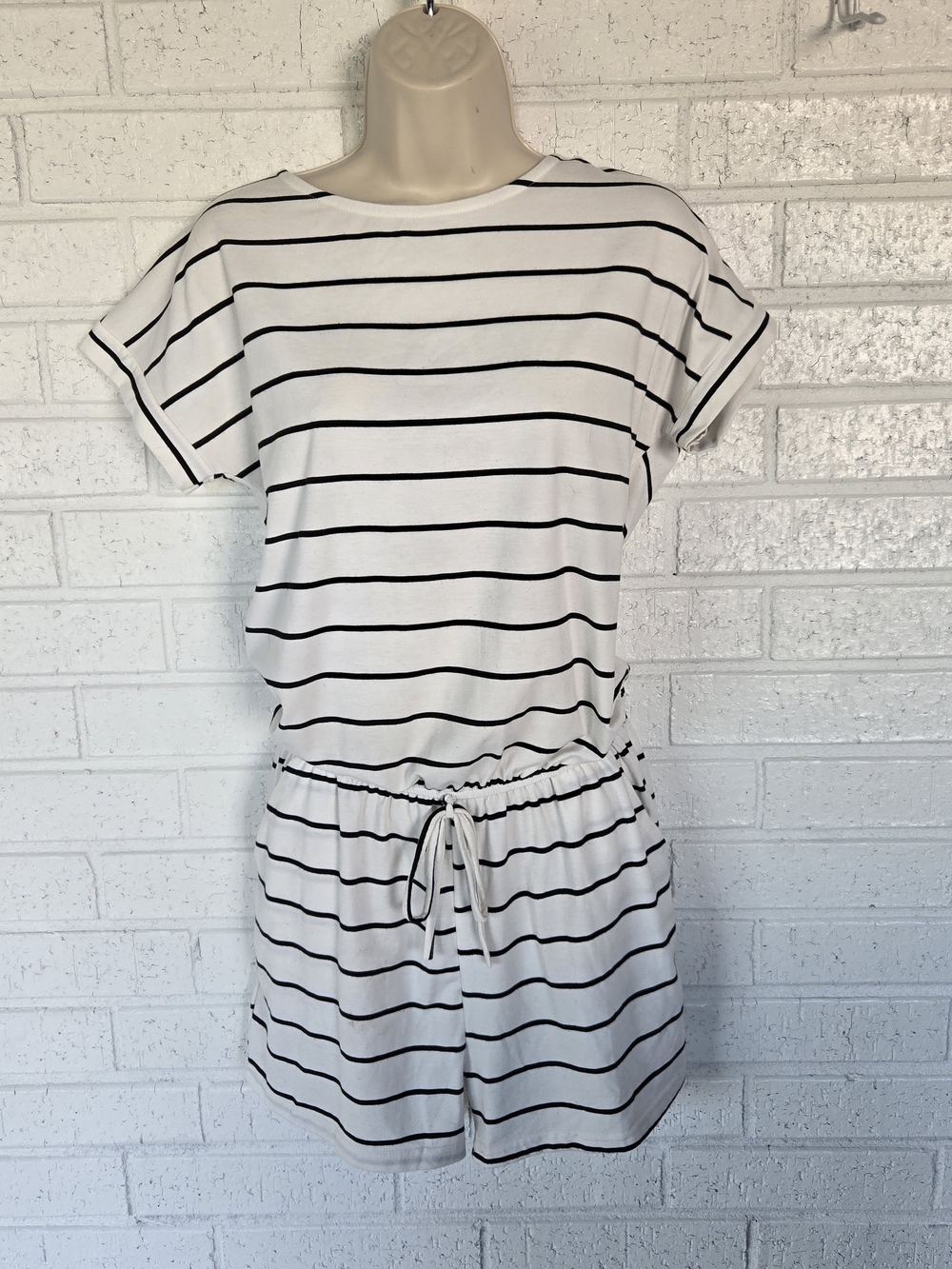 1203 Striped White and Black Short Sleeve Romper